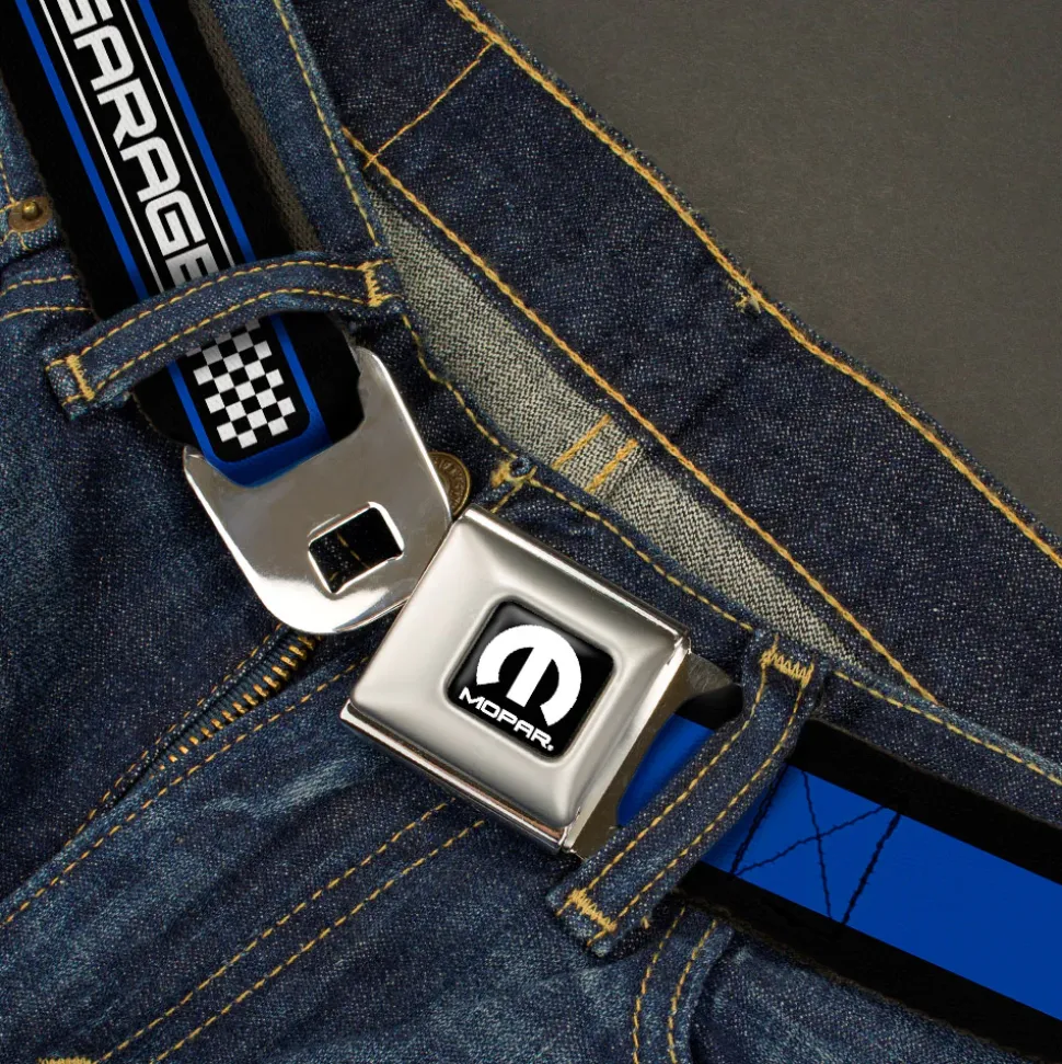 MOPAR Logo Full Color Black White Seatbelt Belt - MOPAR GARAGE Checker Logo/Stripe Black/Blue/White Webbing