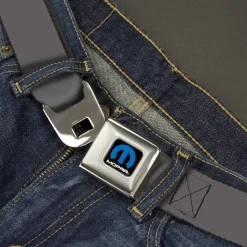 MOPAR Logo Full Color Black Blue White Seatbelt Belt - Charcoal Webbing