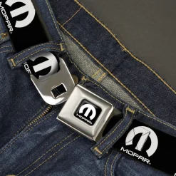 MOPAR Logo Full Color Black/White Seatbelt Belt - MOPAR Logo Repeat Black/White Webbing