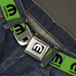 MOPAR Logo Full Color Black/White Seatbelt Belt - MOPAR Logo Repeat Green/Black Webbing