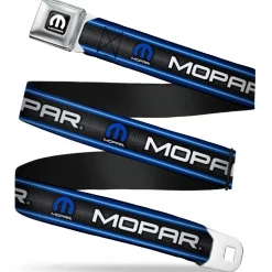 MOPAR Logo Full Color Black White Seatbelt Belt - MOPAR Text/Logo/Stripe/Grill Black/Grays/Blue Glow/White Webbing