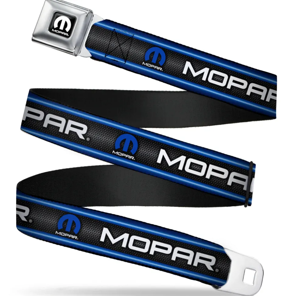 MOPAR Logo Full Color Black White Seatbelt Belt - MOPAR Text/Logo/Stripe/Grill Black/Grays/Blue Glow/White Webbing