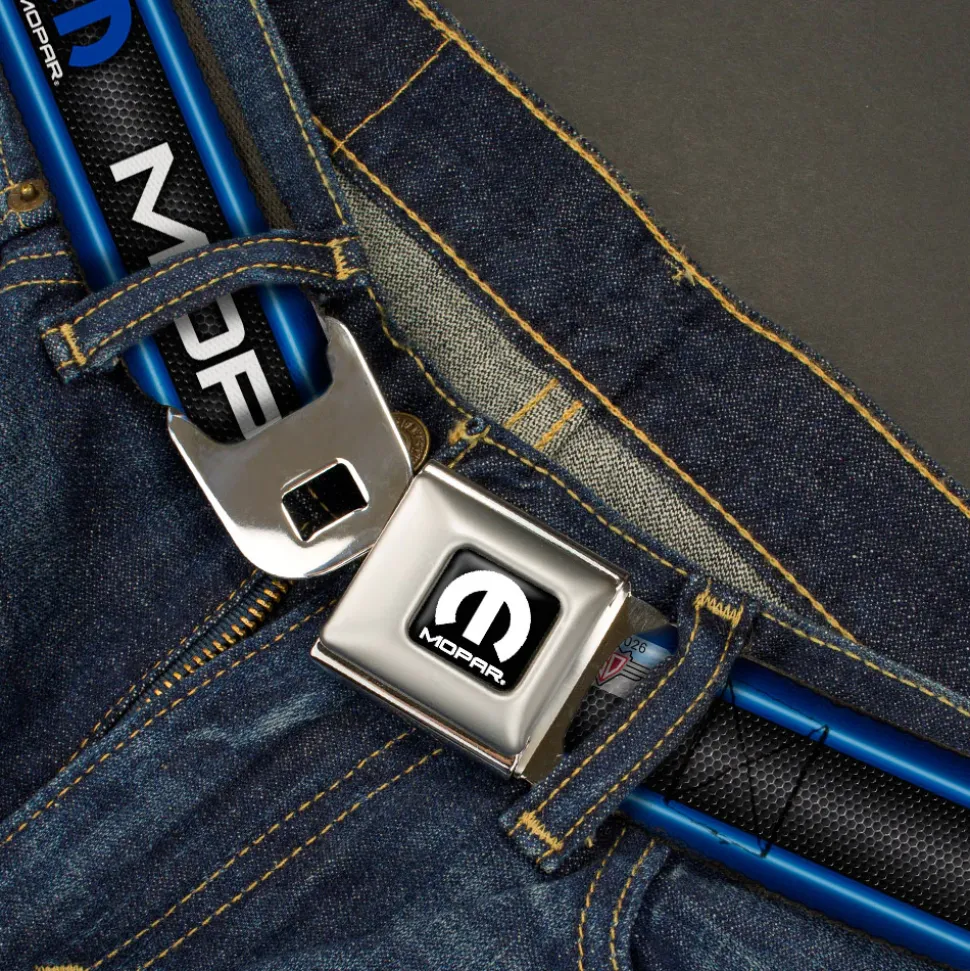 MOPAR Logo Full Color Black White Seatbelt Belt - MOPAR Text/Logo/Stripe/Grill Black/Grays/Blue Glow/White Webbing