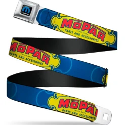 MOPAR Logo Full Color Black/Blue/White Seatbelt Belt - MOPAR 1937-1947 Logo-USE CHRYSLER ENGINEERED MOPAR PARTS AND ACCESSORIES Blue/Yellow/Red Webbing
