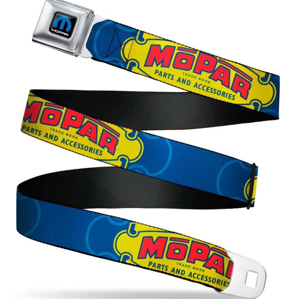 MOPAR Logo Full Color Black/Blue/White Seatbelt Belt - MOPAR 1937-1947 Logo-USE CHRYSLER ENGINEERED MOPAR PARTS AND ACCESSORIES Blue/Yellow/Red Webbing