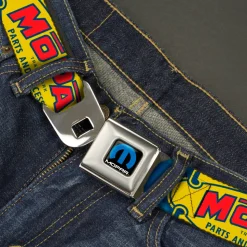 MOPAR Logo Full Color Black/Blue/White Seatbelt Belt - MOPAR 1937-1947 Logo-USE CHRYSLER ENGINEERED MOPAR PARTS AND ACCESSORIES Blue/Yellow/Red Webbing