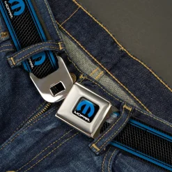 MOPAR Logo Full Color Black Blue White Seatbelt Belt - MOPAR Logo/Stripe/Grill Black/Grays/Blues Webbing