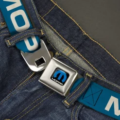 MOPAR Logo Full Color Black/Blue/White Seatbelt Belt - MOPAR Text Blue/White Webbing