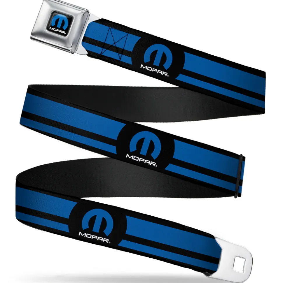MOPAR Logo Full Color Black Blue White Seatbelt Belt - MOPAR Logo/Stripe Black/Blue Webbing