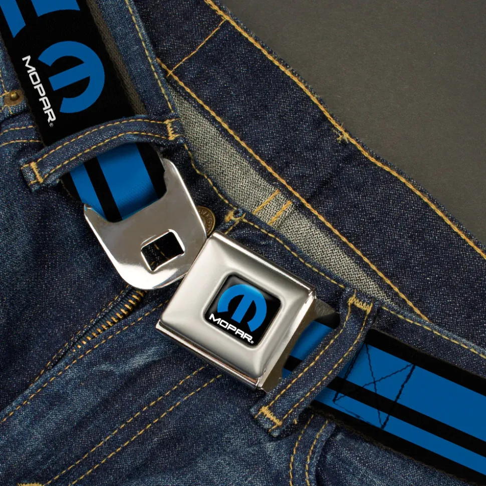 MOPAR Logo Full Color Black Blue White Seatbelt Belt - MOPAR Logo/Stripe Black/Blue Webbing