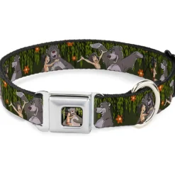 Mowgli & Baloo Hugging/Leaves Full Color Black/Greens Seatbelt Buckle Collar - Mowgli & Baloo 3-Poses Leaves/Flowers Greens/Orange