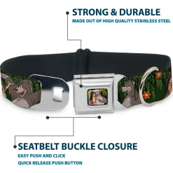 Mowgli & Baloo Hugging/Leaves Full Color Black/Greens Seatbelt Buckle Collar - Mowgli & Baloo 3-Poses Leaves/Flowers Greens/Orange