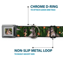 Mowgli & Baloo Hugging/Leaves Full Color Black/Greens Seatbelt Buckle Collar - Mowgli & Baloo 3-Poses Leaves/Flowers Greens/Orange
