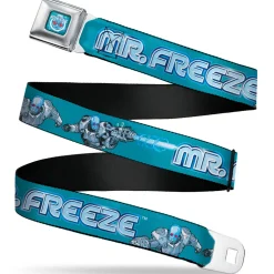 MR. FREEZE Title Logo and Face Full Color Blues Seatbelt Belt - DC Batman Villain MR. FREEZE Poses and Title Logo Blues Webbing