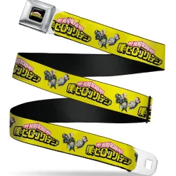 MY HERO ACADEMIA Title Logo Full Color Black Seatbelt Belt - MY HERO ACADEMIA Character Trio Pose and Title Logo Yellow Webbing