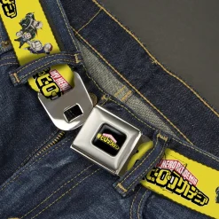 MY HERO ACADEMIA Title Logo Full Color Black Seatbelt Belt - MY HERO ACADEMIA Character Trio Pose and Title Logo Yellow Webbing