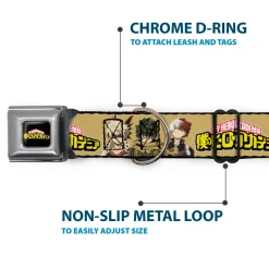 MY HERO ACADEMIA Title Logo Full Color Black Seatbelt Buckle Collar - MY HERO ACADEMIA Character Trio Pose and Title Logo Tan