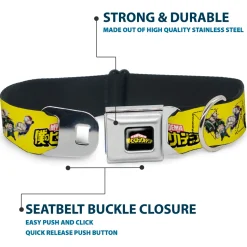 MY HERO ACADEMIA Title Logo Full Color Black Seatbelt Buckle Collar - MY HERO ACADEMIA Character Trio Pose and Title Logo Yellow