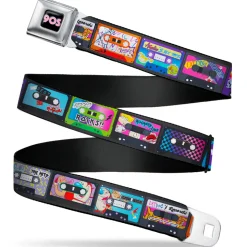 Nick 90'S Rewind Icon Full Color Black/Blue/Pink Seatbelt Belt - Nick 90's Rewind 13-Mash Up Cassette Tapes Black Webbing