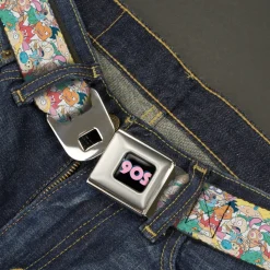 Nick 90'S Rewind Icon Full Color Black/Blue/Pink Seatbelt Belt - Nick 90's Rewind 8-Character Mash Up Collage White Webbing