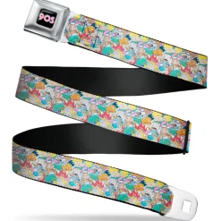 Nick 90'S Rewind Icon Full Color Black/Blue/Pink Seatbelt Belt - Nick 90's Rewind 8-Character Mash Up Collage White Webbing