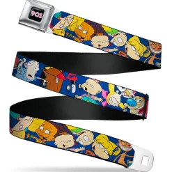 Nick 90'S Rewind Icon Full Color Black/Blue/Pink Seatbelt Belt - Nick 90's Rewind 16-Character Poses Navy Blue Webbing