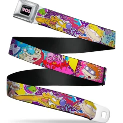 Nick 90'S Rewind Icon Full Color Black/Blue/Pink Seatbelt Belt - Nick 90's Rewind 7-Character/4-Logo Collage Webbing
