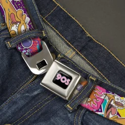 Nick 90'S Rewind Icon Full Color Black/Blue/Pink Seatbelt Belt - Nick 90's Rewind 7-Character/4-Logo Collage Webbing