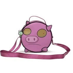 Nickelodeon Bag, Cross Body, Round, Invader Zim Piggy Close Up Applique with Embroidery, Pink, Vegan Leather