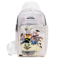 Nickelodeon Vegan Leather Crossbody Sling Bag, Avatar Last Airbender Chibi Group Pose on Appa, White, 7" x 14"
