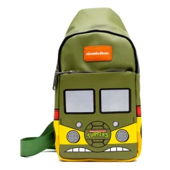 Nickelodeon Vegan Leather Crossbody Sling Bag, Teenage Mutant Ninja Turtles Party Van Close Up, Olive Green, 7" x 14"