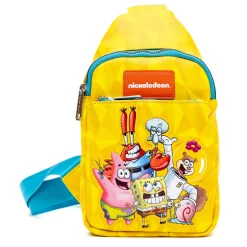 Nickelodeon Vegan Leather Crossbody Sling Bag with Adjustable Straps, SpongeBob SquarePants and Friends Pose Applique, Yellow