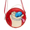 Nickelodeon Vegan Leather Round Crossbody Bag with Adjustable Straps, Ren and Stimpy Character Face Close Up Appliques, Red Beige