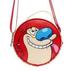 Nickelodeon Vegan Leather Round Crossbody Bag with Adjustable Straps, Ren and Stimpy Character Face Close Up Appliques, Red Beige