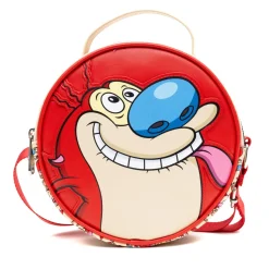 Nickelodeon Vegan Leather Round Crossbody Bag with Adjustable Straps, Ren and Stimpy Character Face Close Up Appliques, Red Beige