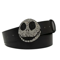Nightmare Before Christmas Jack Face Crystal Rhinestone Cast Buckle - Black PU Strap Belt