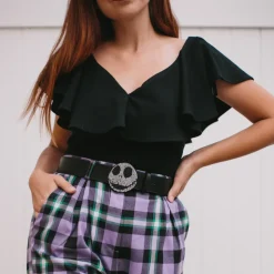 Nightmare Before Christmas Jack Face Crystal Rhinestone Cast Buckle - Black PU Strap Belt