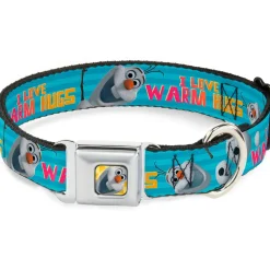 Olaf Face Frozen Sun Full Color Seatbelt Buckle Collar - Olaf Pose I LOVE WARM HUGS Stripe Blues
