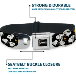 PEANUTS Title Logo Full Color Black/White Seatbelt Buckle Collar - Peanuts Snoopy and Woodstock Poses Scattered Black