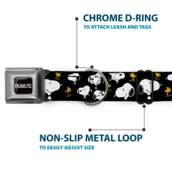 PEANUTS Title Logo Full Color Black/White Seatbelt Buckle Collar - Peanuts Snoopy and Woodstock Poses Scattered Black