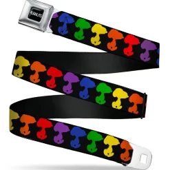 PEANUTS Title Logo Full Color Black/White Seatbelt Belt - Peanuts Snoopy Silhoutte Pose Black/Rainbow Multi Color Webbing