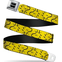 PEANUTS Title Logo Full Color Black/White Seatbelt Belt - Peanuts Woodstock Line Face Line Art Yellow/Black Webbing