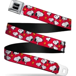 PEANUTS Title Logo Full Color Black/White Seatbelt Belt - Peanuts Snoopy and Woodstock Poses Scattered Red Webbing