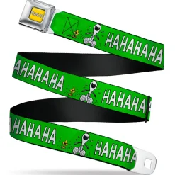 PEANUTS Title Logo Full Color Yellow/White Seatbelt Belt - Peanuts Snoopy and Woodstock Laughing HAHA Pose Green Webbing