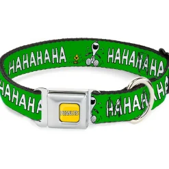 PEANUTS Title Logo Full Color Yellow/White Seatbelt Buckle Collar - Peanuts Snoopy and Woodstock Laughing HAHA Pose Green