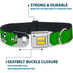 PEANUTS Title Logo Full Color Yellow/White Seatbelt Buckle Collar - Peanuts Snoopy and Woodstock Laughing HAHA Pose Green