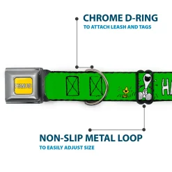 PEANUTS Title Logo Full Color Yellow/White Seatbelt Buckle Collar - Peanuts Snoopy and Woodstock Laughing HAHA Pose Green