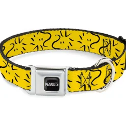 PEANUTS Title Logo Full Color Black/White Seatbelt Buckle Collar - Peanuts Woodstock Line Face Line Art Yellow/Black