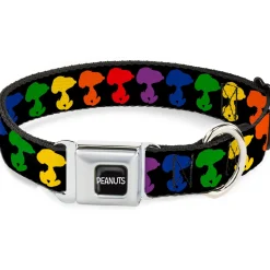 PEANUTS Title Logo Full Color Black/White Seatbelt Buckle Collar - Peanuts Snoopy Silhoutte Pose Black/Rainbow Multi Color