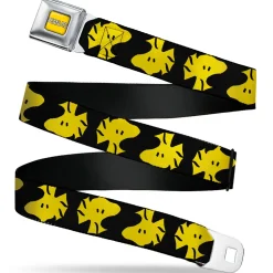 PEANUTS Title Logo Full Color Yellow/White Seatbelt Belt - Peanuts Woodstock Face Flip Black/Yellow Webbing